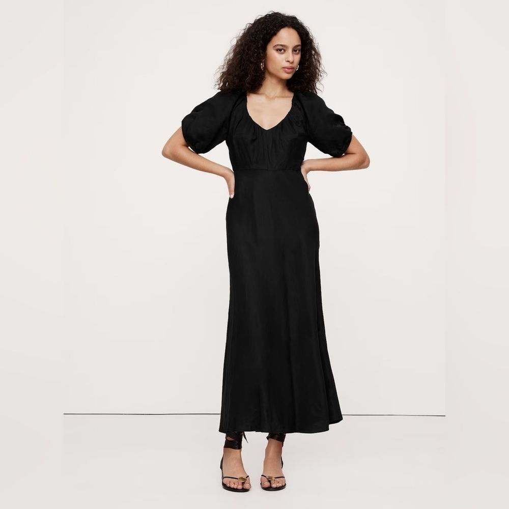 NEW! Banana Republic Black Viscose-Linen Ruched Long Midi Dress Multiple  🍐🥧